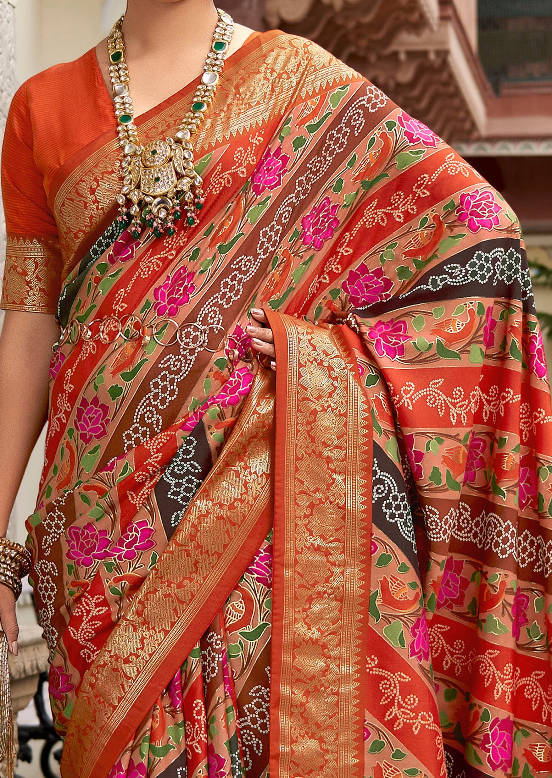 Orange Velvet Tussar Silk Floral Print Saree-3869