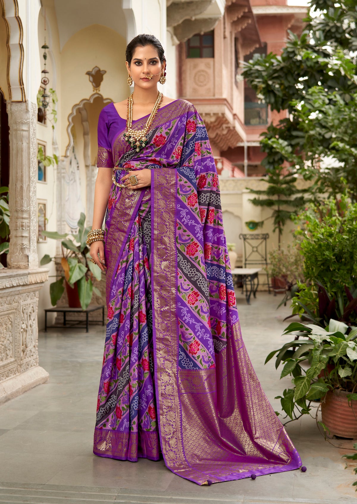 Purple Velvet Tussar Silk Floral Print Saree-3871