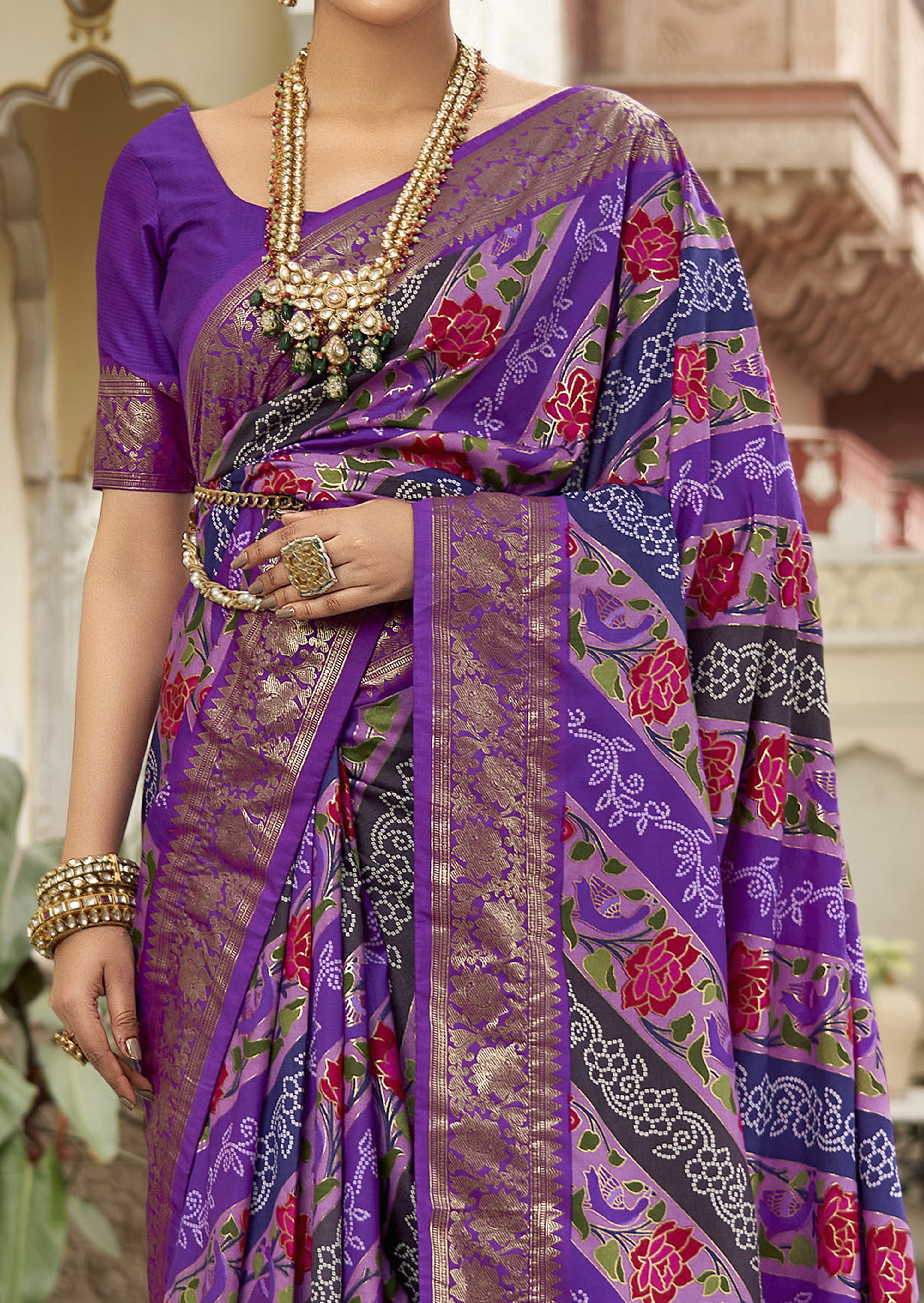 Purple Velvet Tussar Silk Floral Print Saree-3871