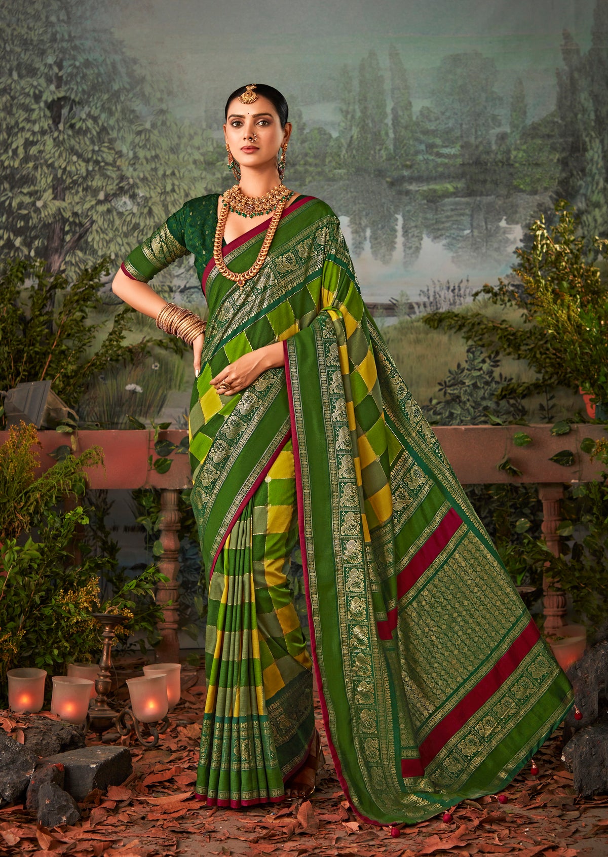 Tussar Silk Block Print Green Saree