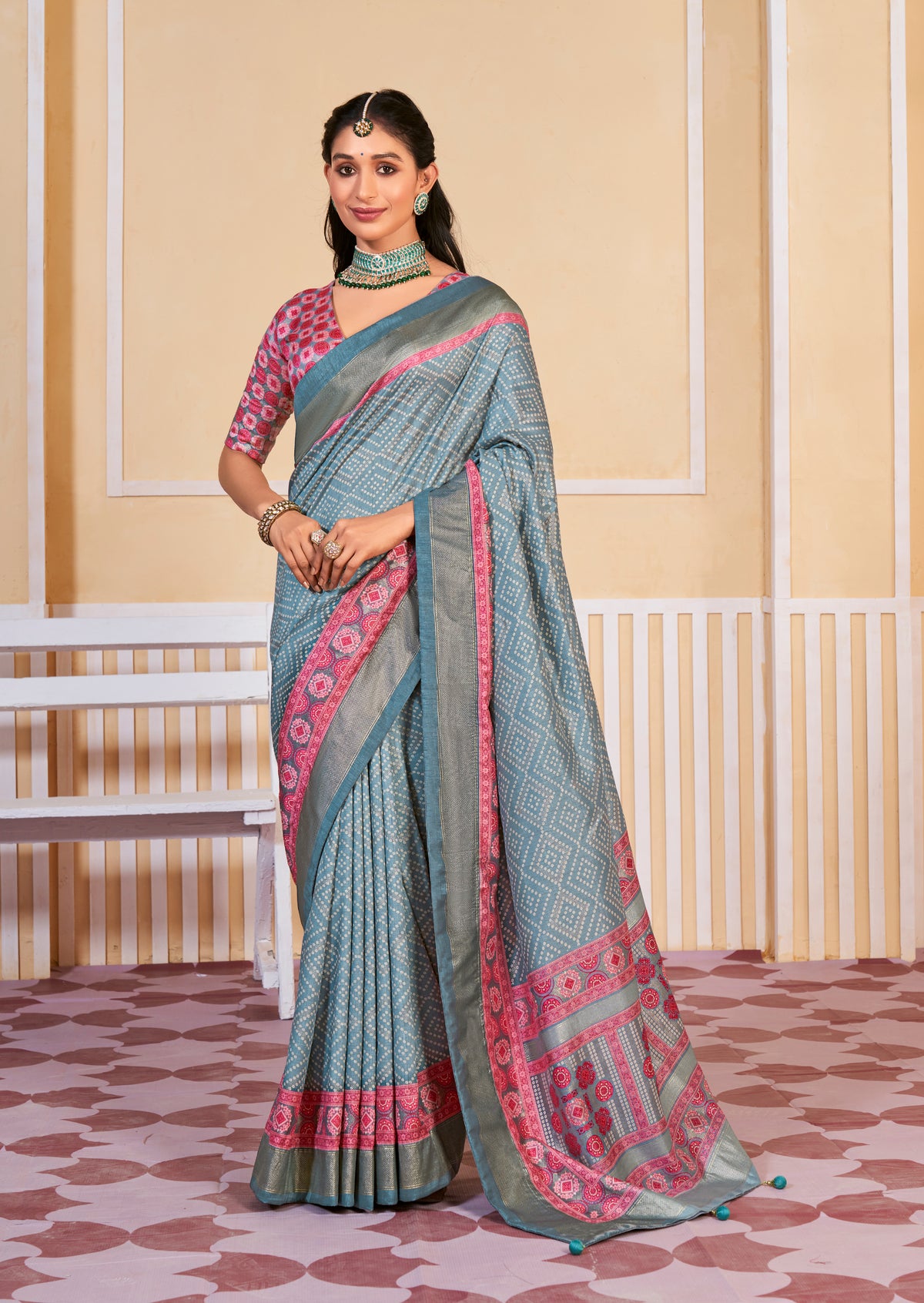 Pastel Blue Tussar Silk Bandhani Print Saree