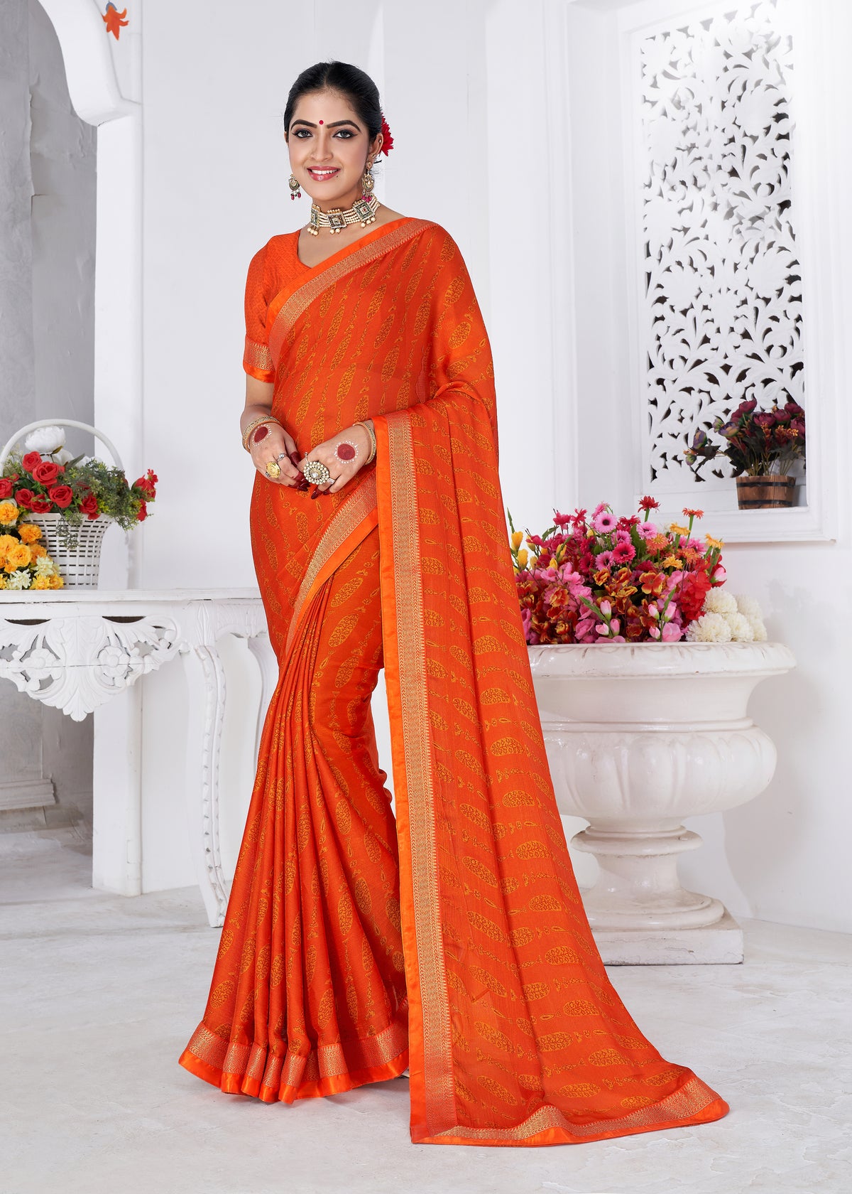 Saree imprimé bandhani en mousseline de soie mousse orange foncé