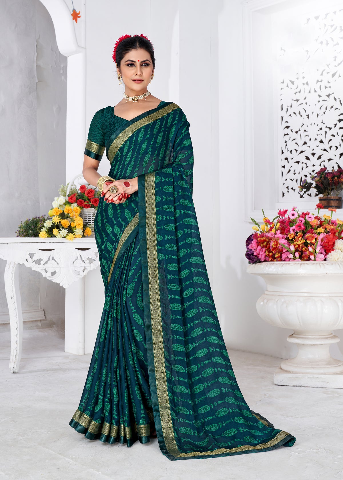 Blue Green Moss Chiffon Bandhani Print Saree