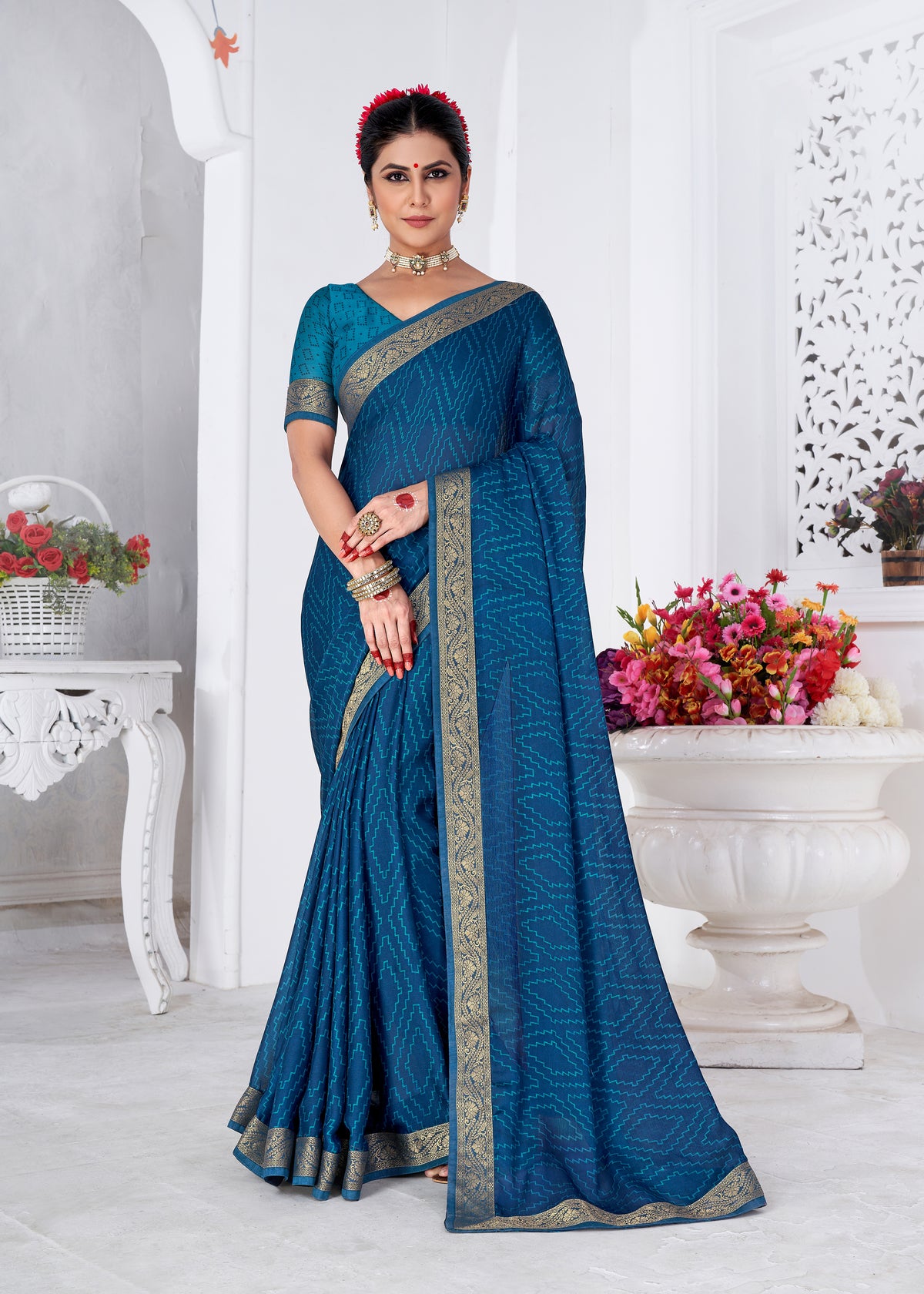 Light Navy Blue Moss Chiffon Bandhani Print Saree