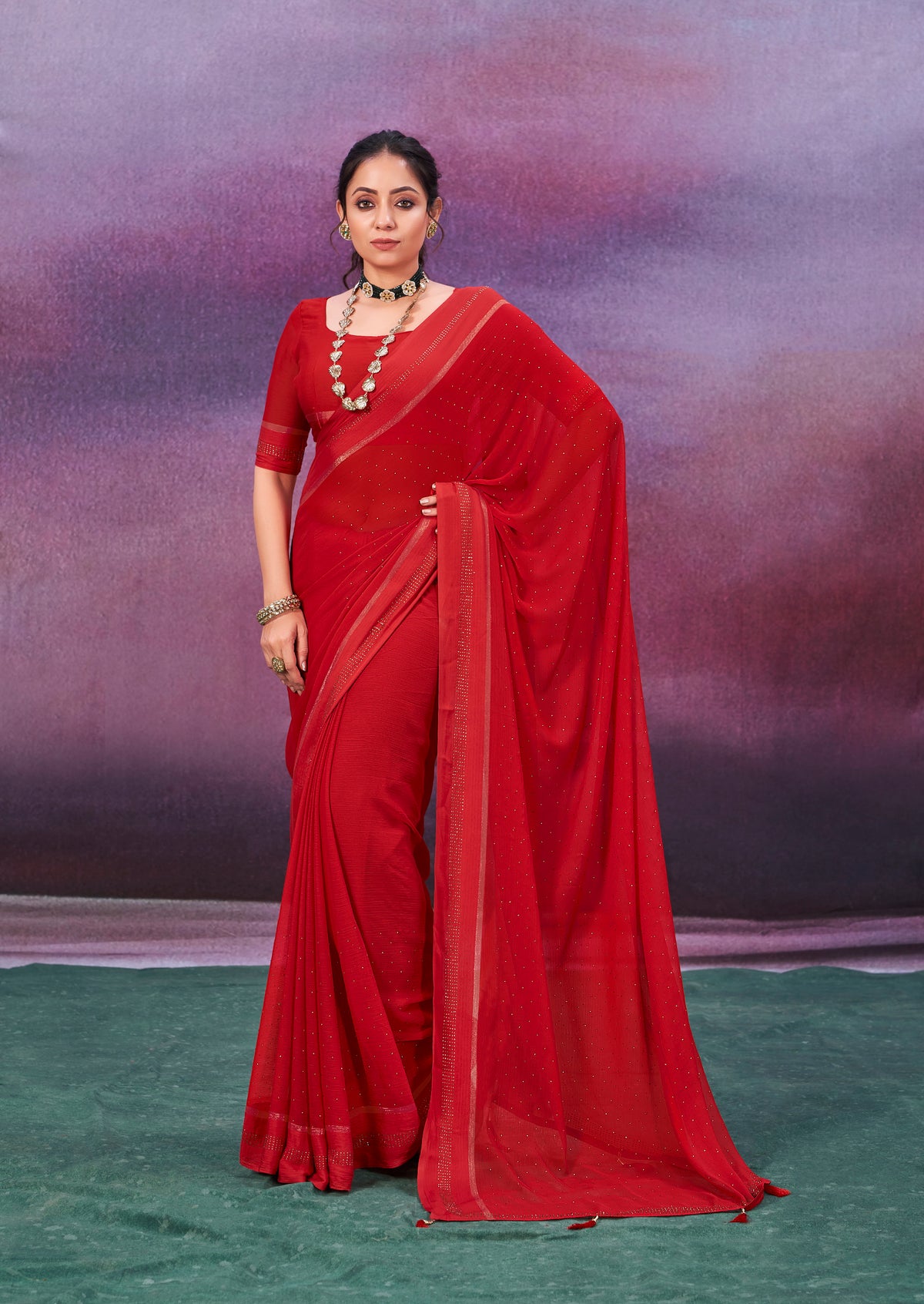 Red Wine Chiffon Swarovski Saree