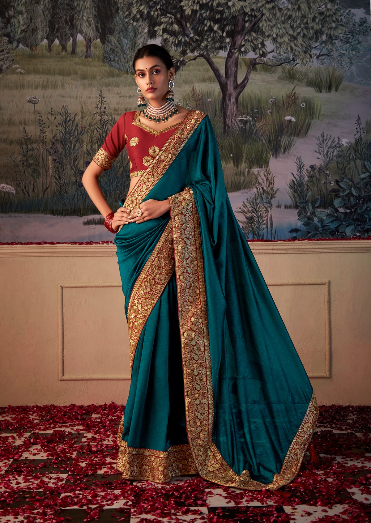 Saree bleu sarcelle Vichitra Gota Patti