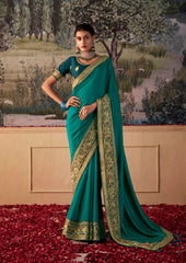 Teal Green Vichitra Gota Patti Saree