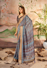 Brown Grey Dola Silk Paisley Print Saree