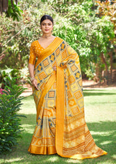 Yellow Kalamkari Silk Block Print Saree