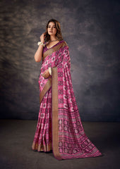 Purple Pink Kalamkari Silk Block Print Saree