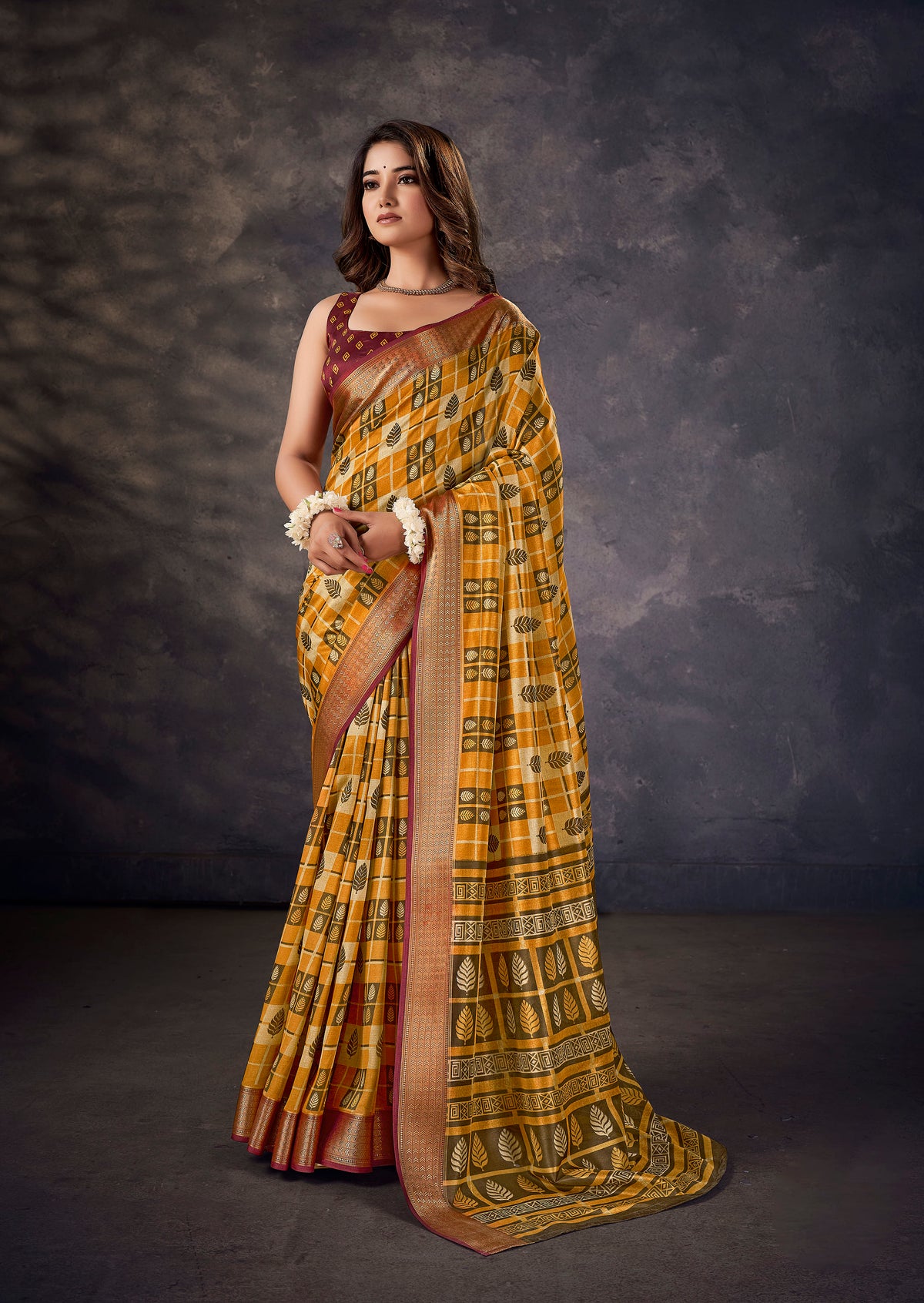 Mustard Kalamkari Silk Block Print Saree