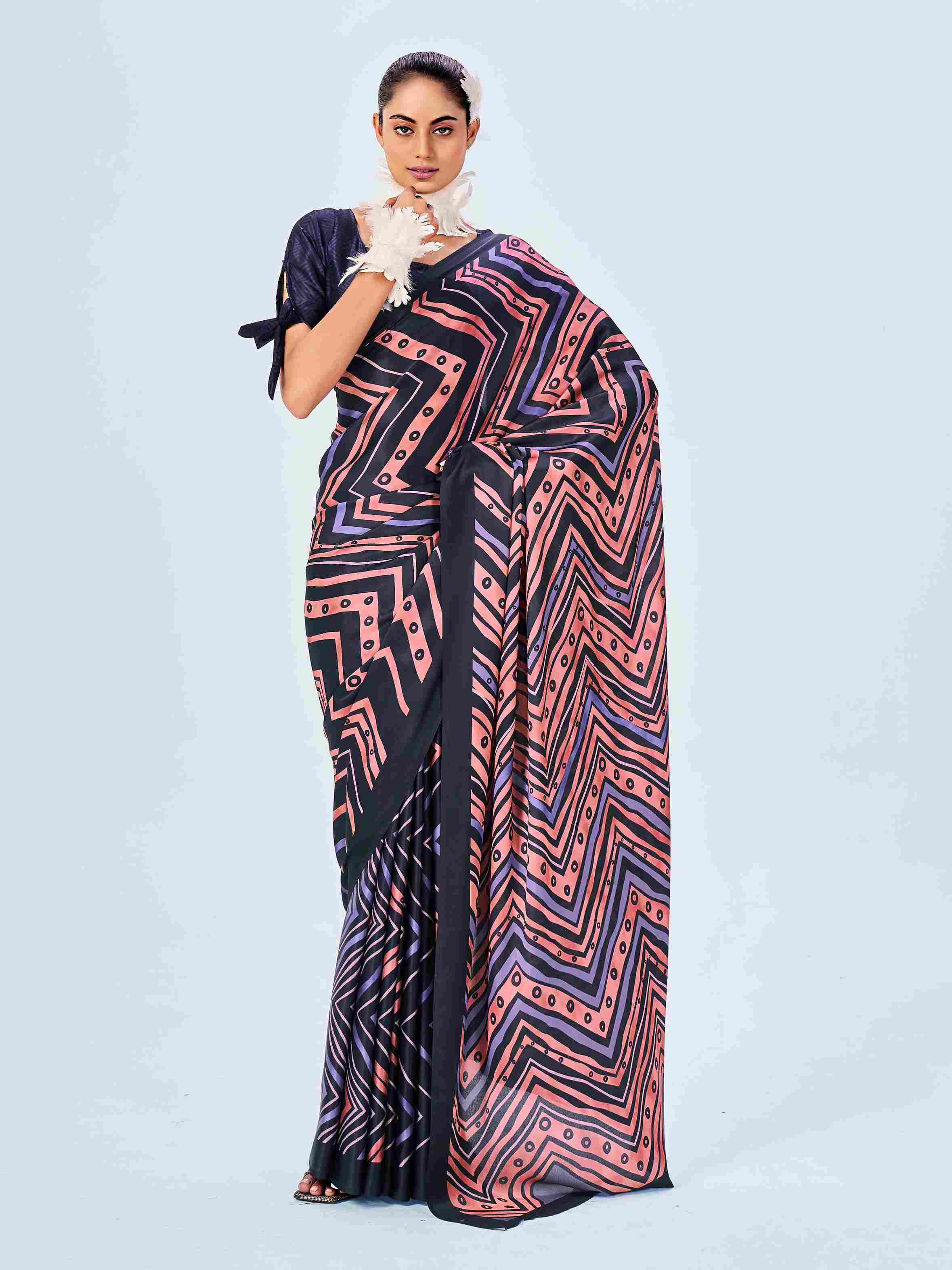 Dark Blue Peach Satin Chevron Print Saree