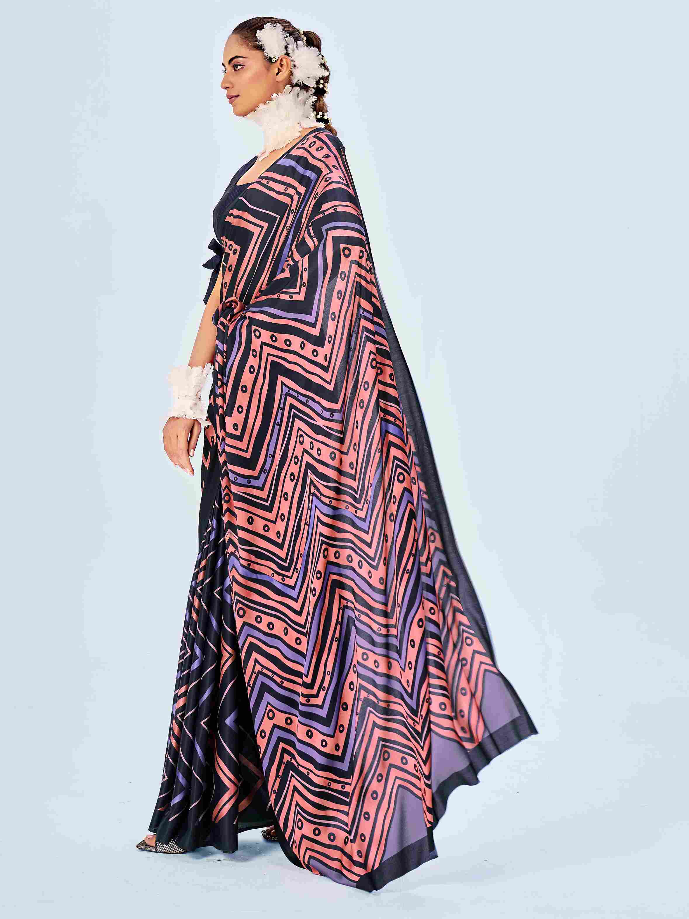 Dark Blue Peach Satin Chevron Print Saree