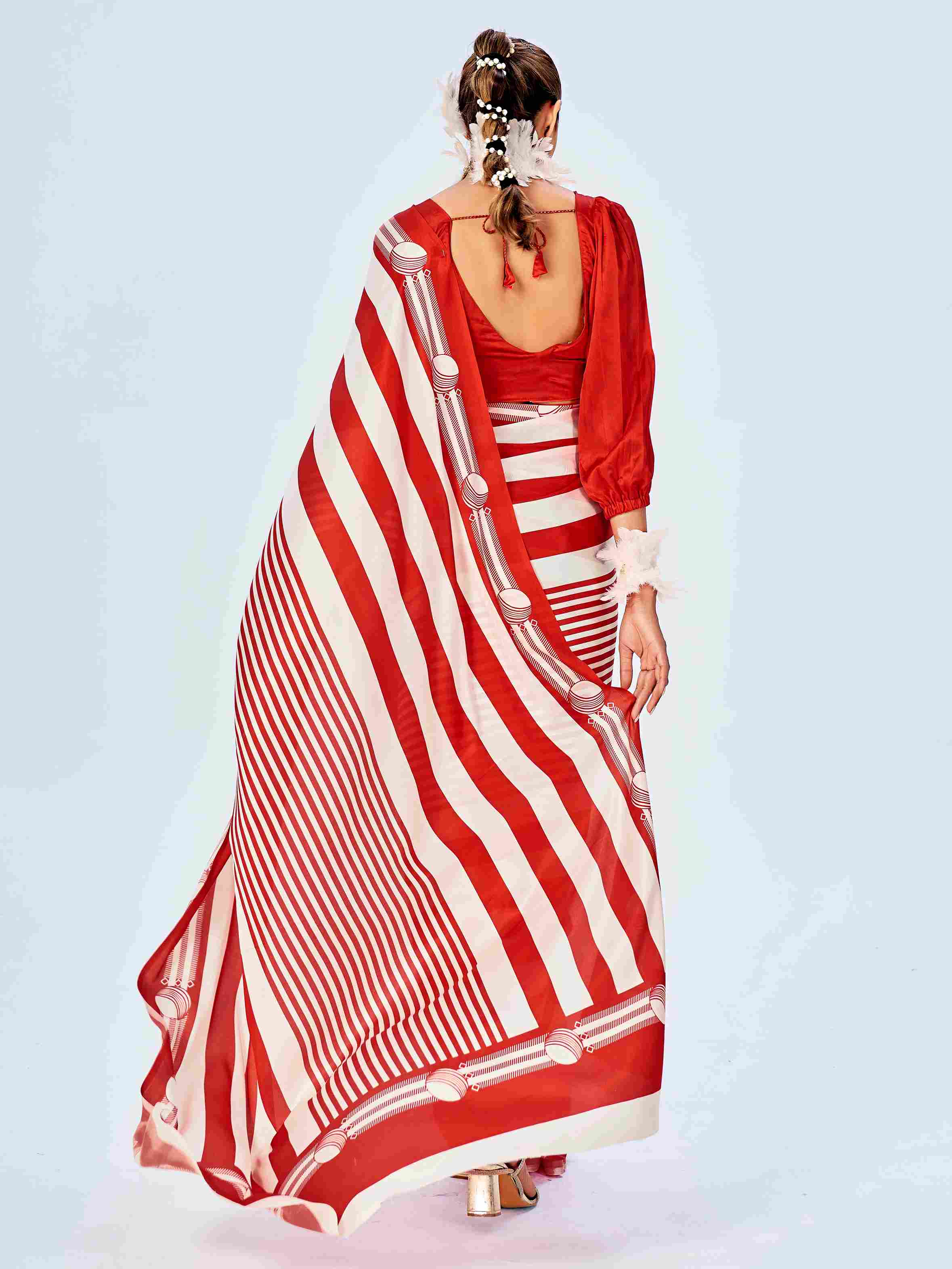 Red Satin Chevron Print Saree