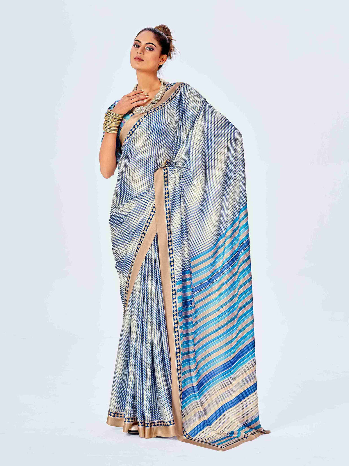 Blue Satin Stripe Print Saree