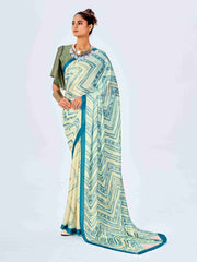 Blue Satin Chevron Print Saree