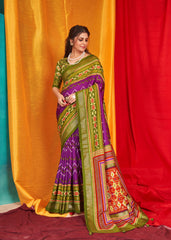 Purple Velvet Tusser silk Patola Printed Saree