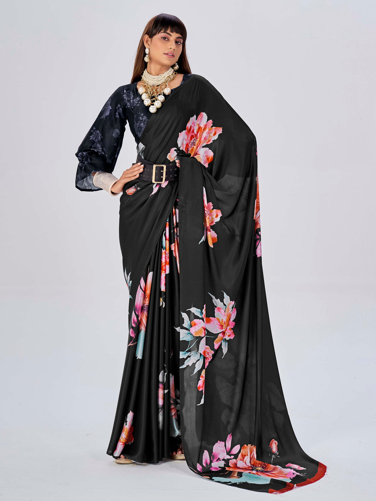 Black Satin Floral Printed Saree