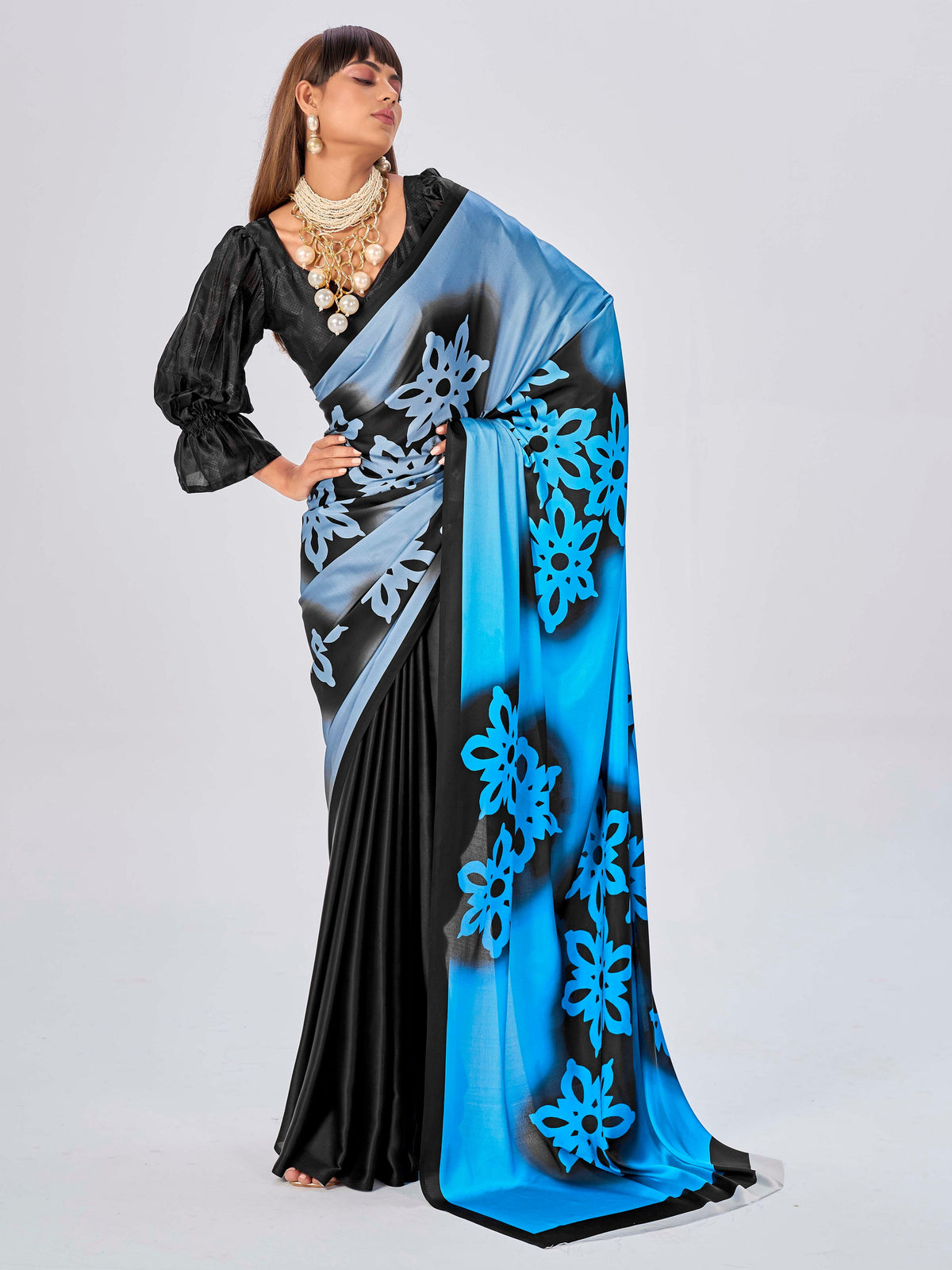 Blue Satin Floral Printed Saree