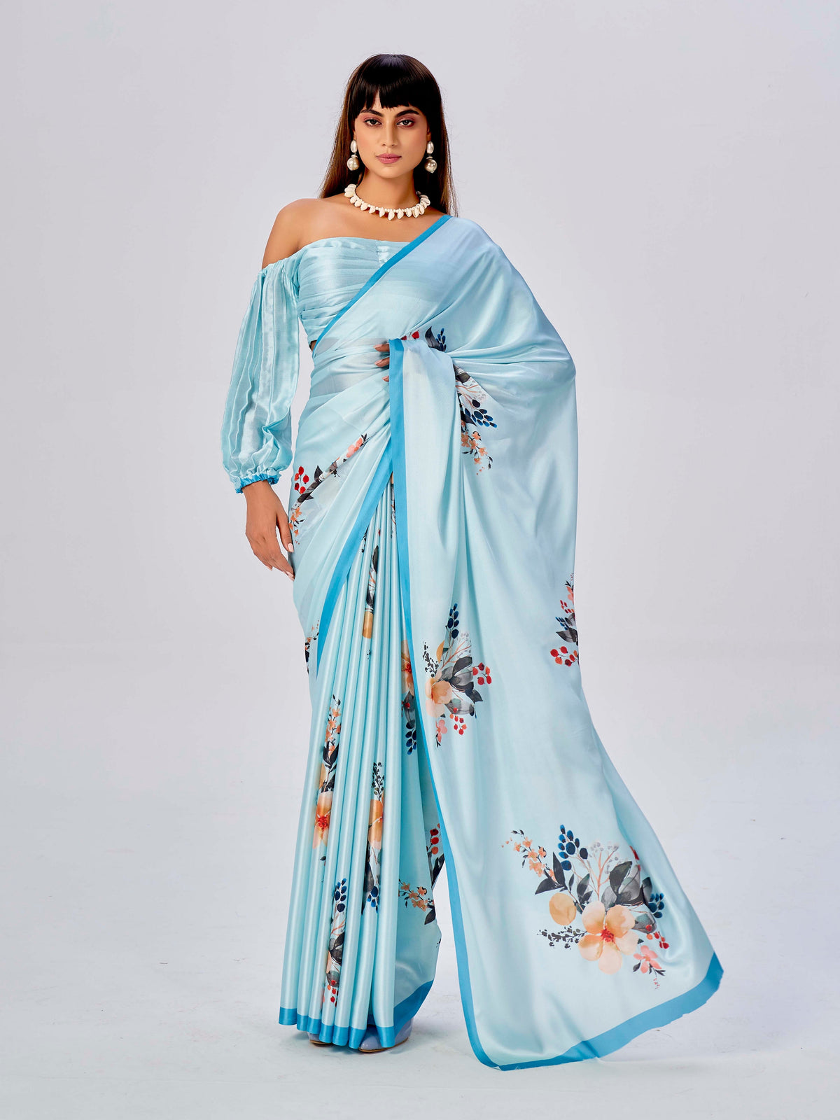 Baby Blue Satin Floral Printed Saree