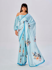 Baby Blue Satin Floral Printed Saree