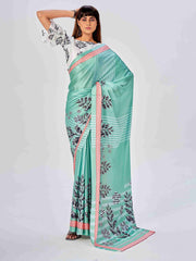 Sea Green Satin Floral Printed Saree