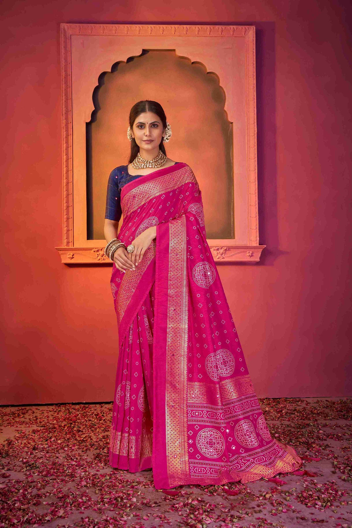 Pink Tussar Silk Crush Bandhani Printed Saree