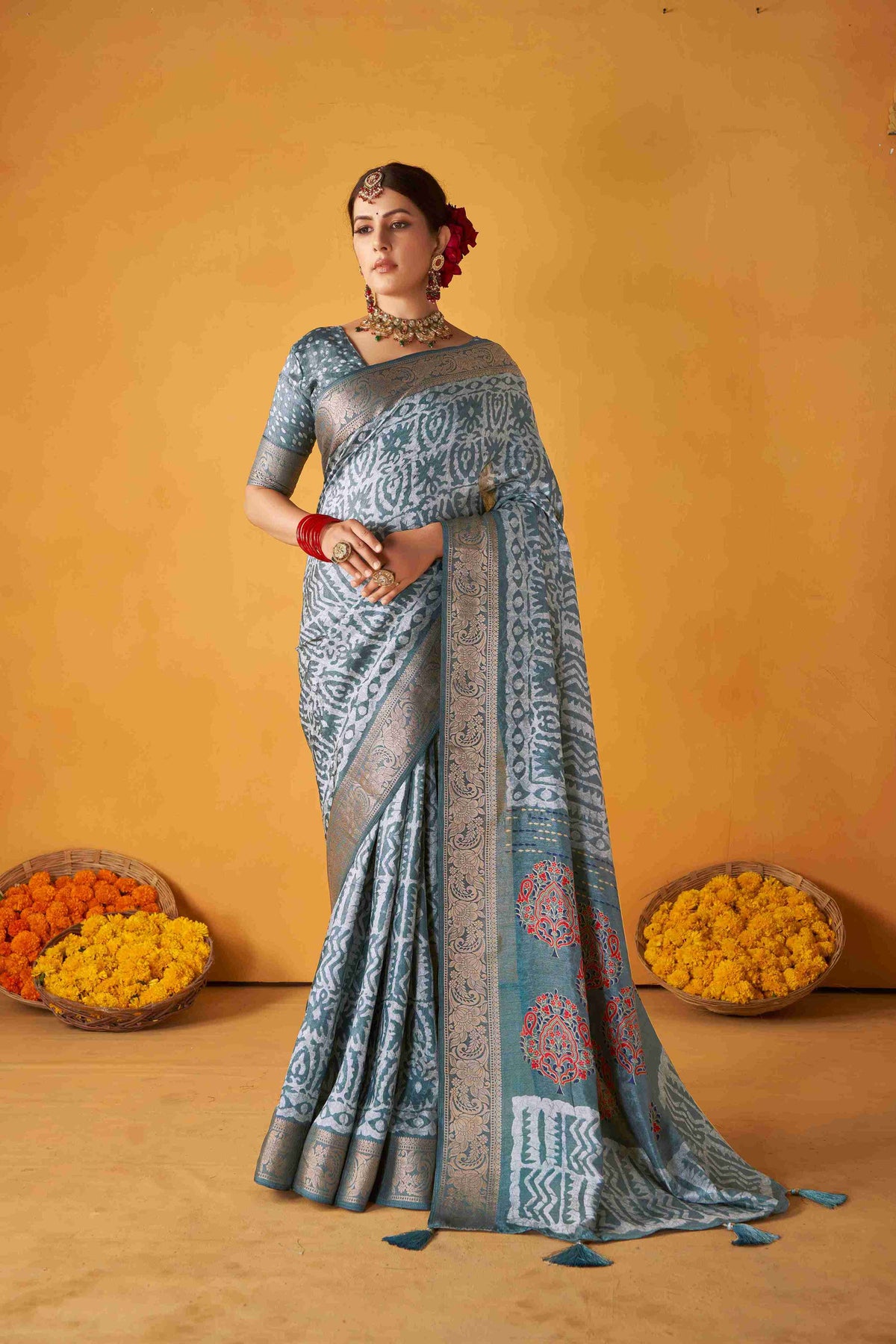 Davy Grey Tussar Silk Batik Printed with Jacquard Woven Saree