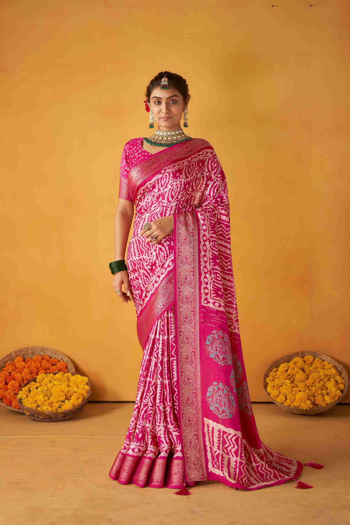 Pink Tussar Silk Batik Printed with Jacquard Woven Saree