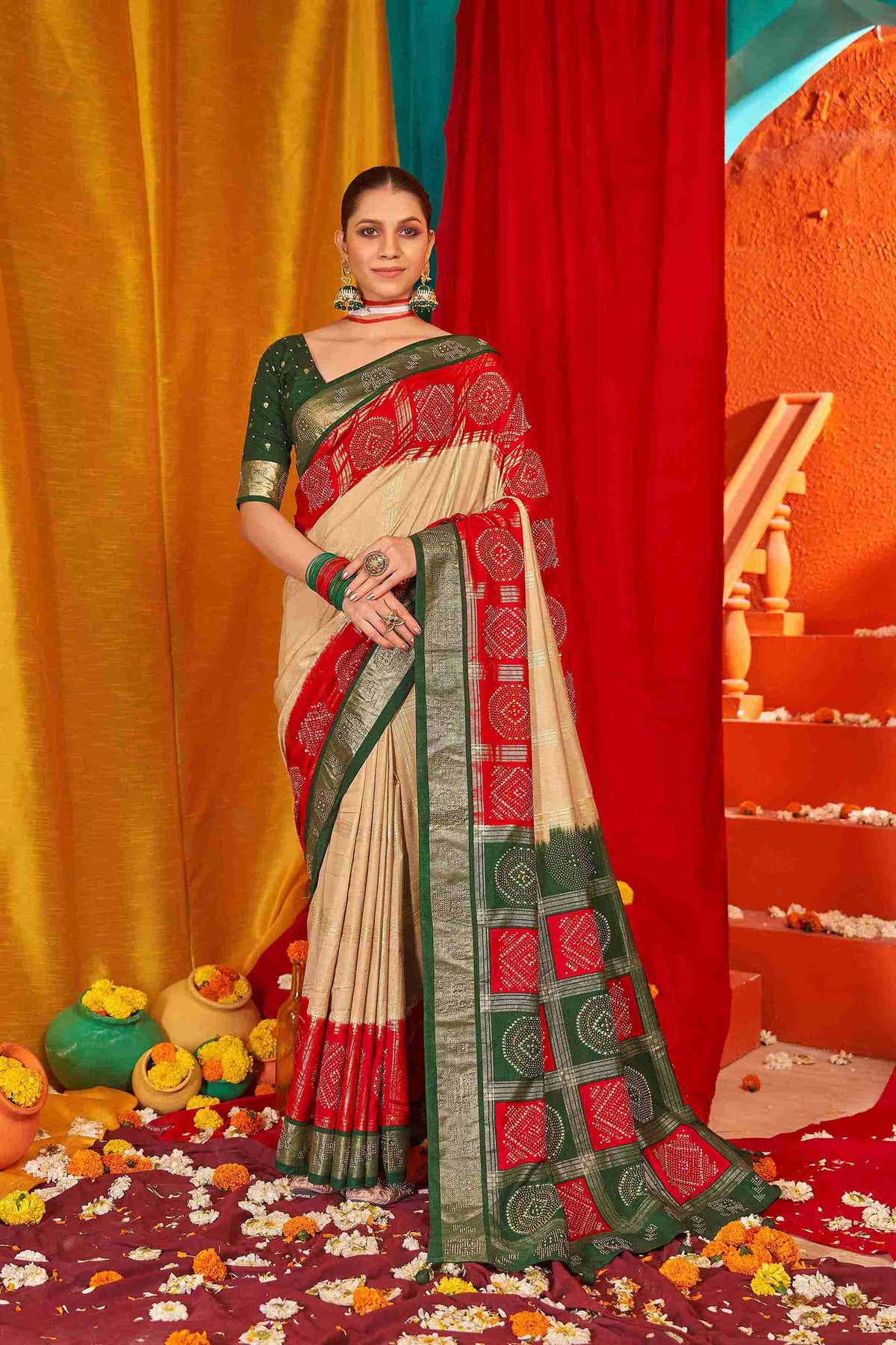 Beige Red Tussar Silk Swarovski Saree