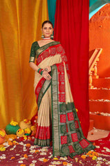 Beige Red Tussar Silk Swarovski Saree