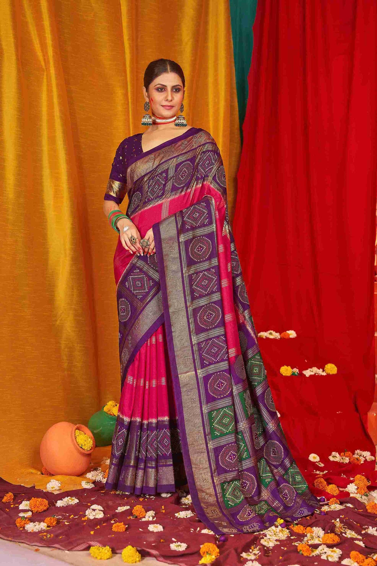 Pink Purple Tussar Silk Swarovski Saree