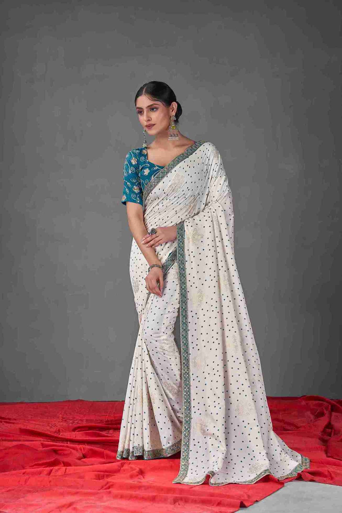 Off White Blue Tussar Silk Bandhani Printed Saree