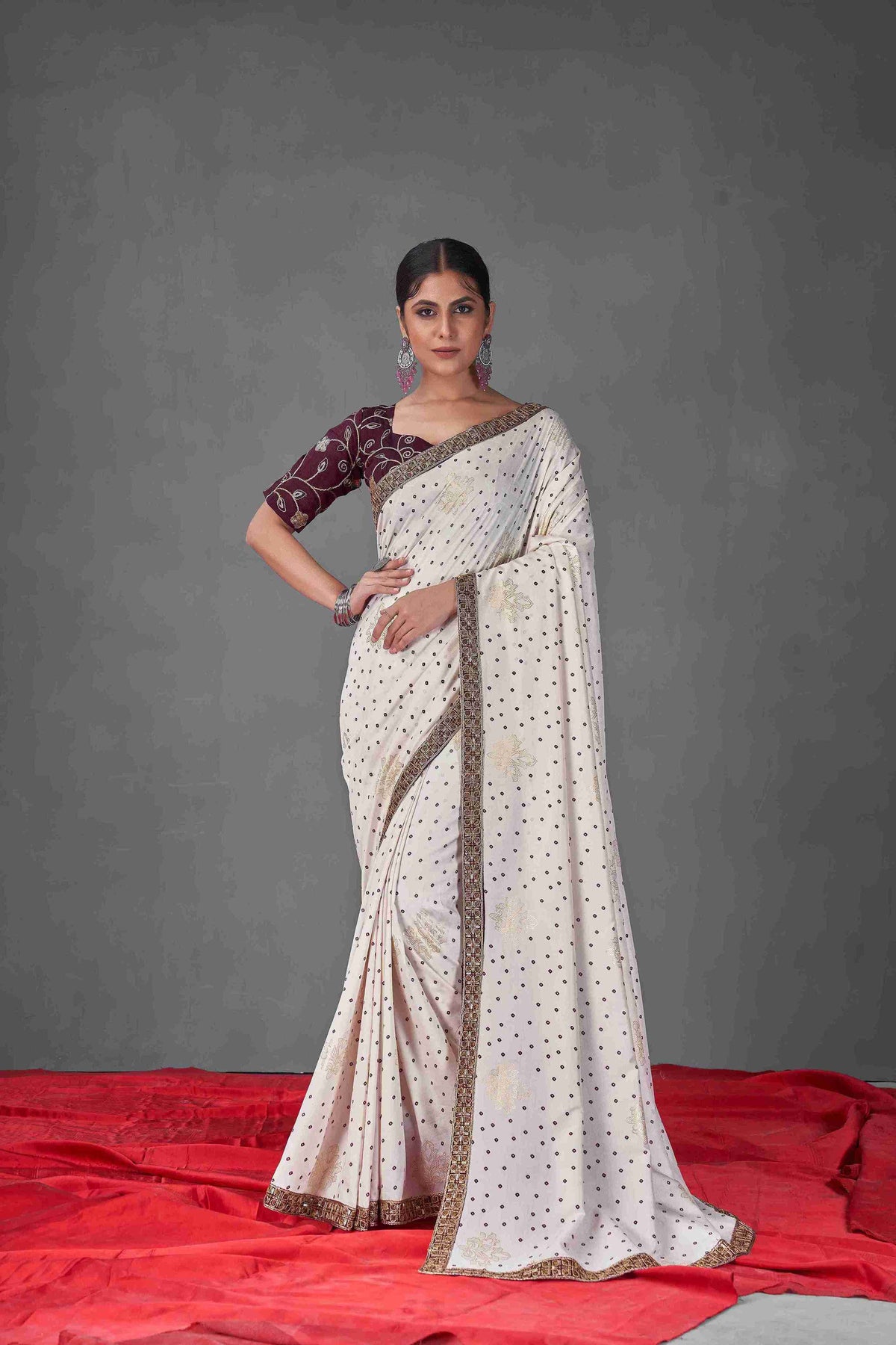 Off White Wine Tussar Silk Bandhani Printed Saree