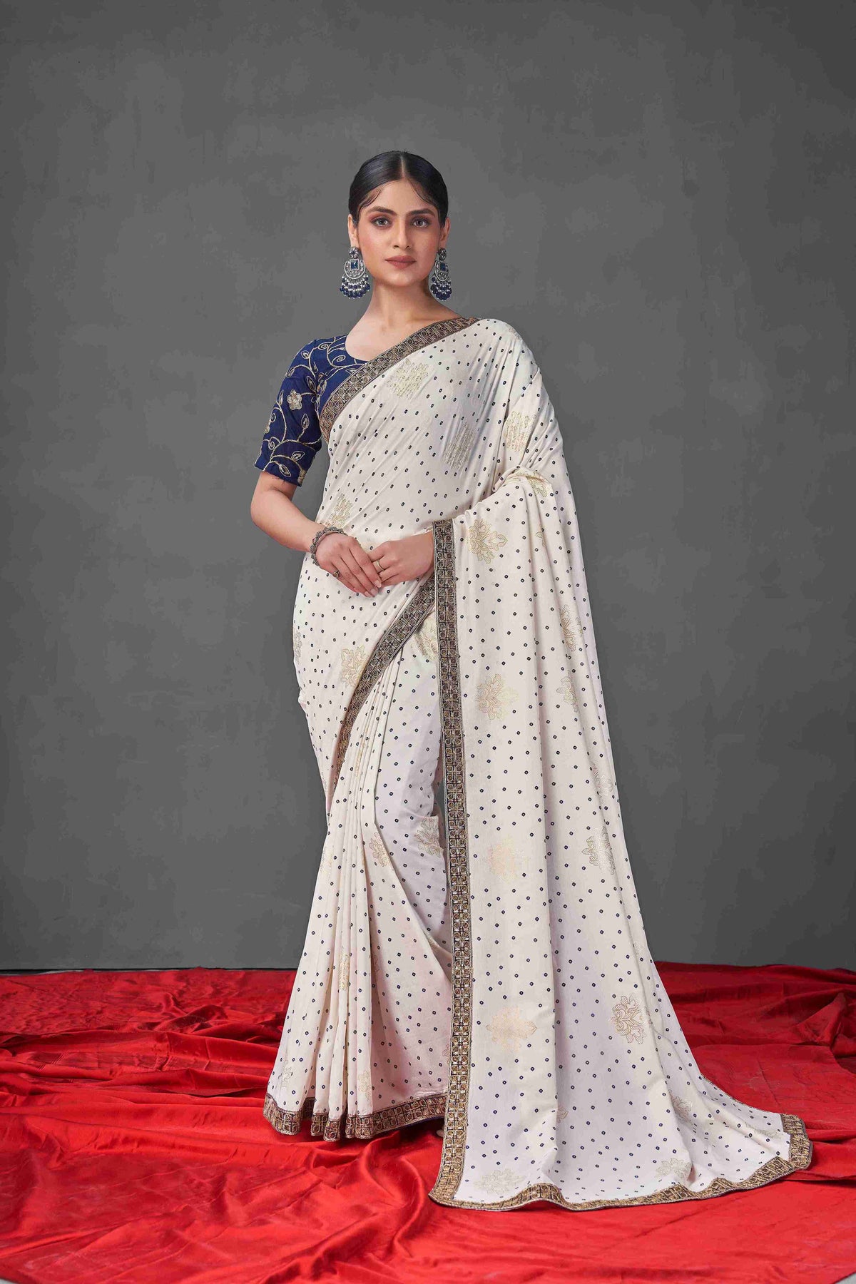 Off White Navy Blue Tussar Silk Bandhani Printed Saree