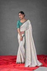 Off White Sea Green Tussar Silk Bandhani Printed Saree