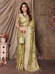 Pale Brown Moss Brasso Floral Print Saree