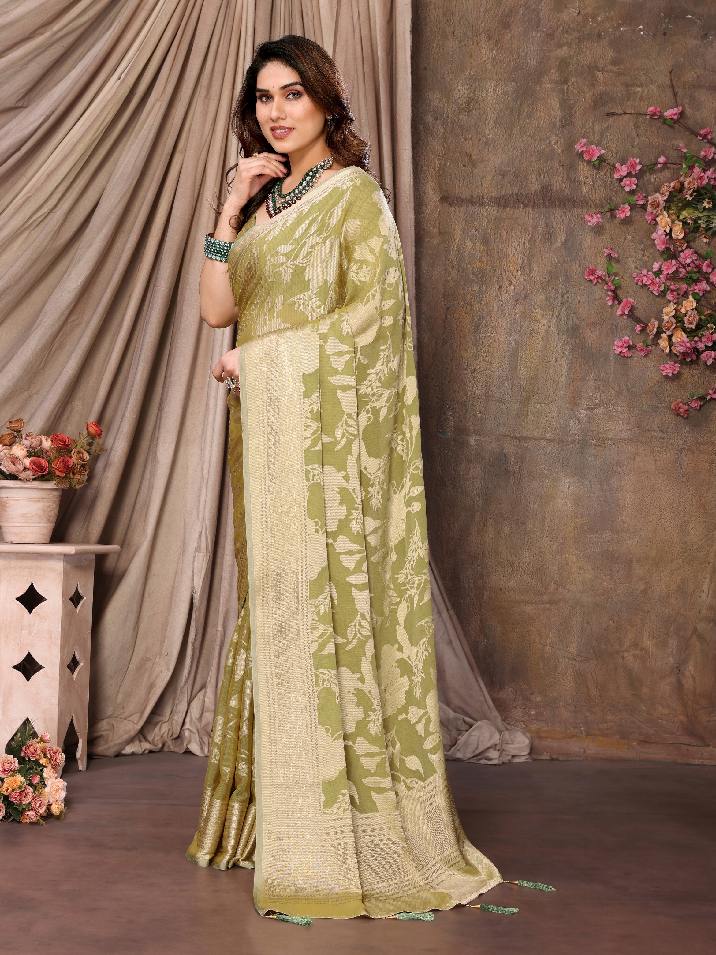 Pale Brown Moss Brasso Floral Print Saree