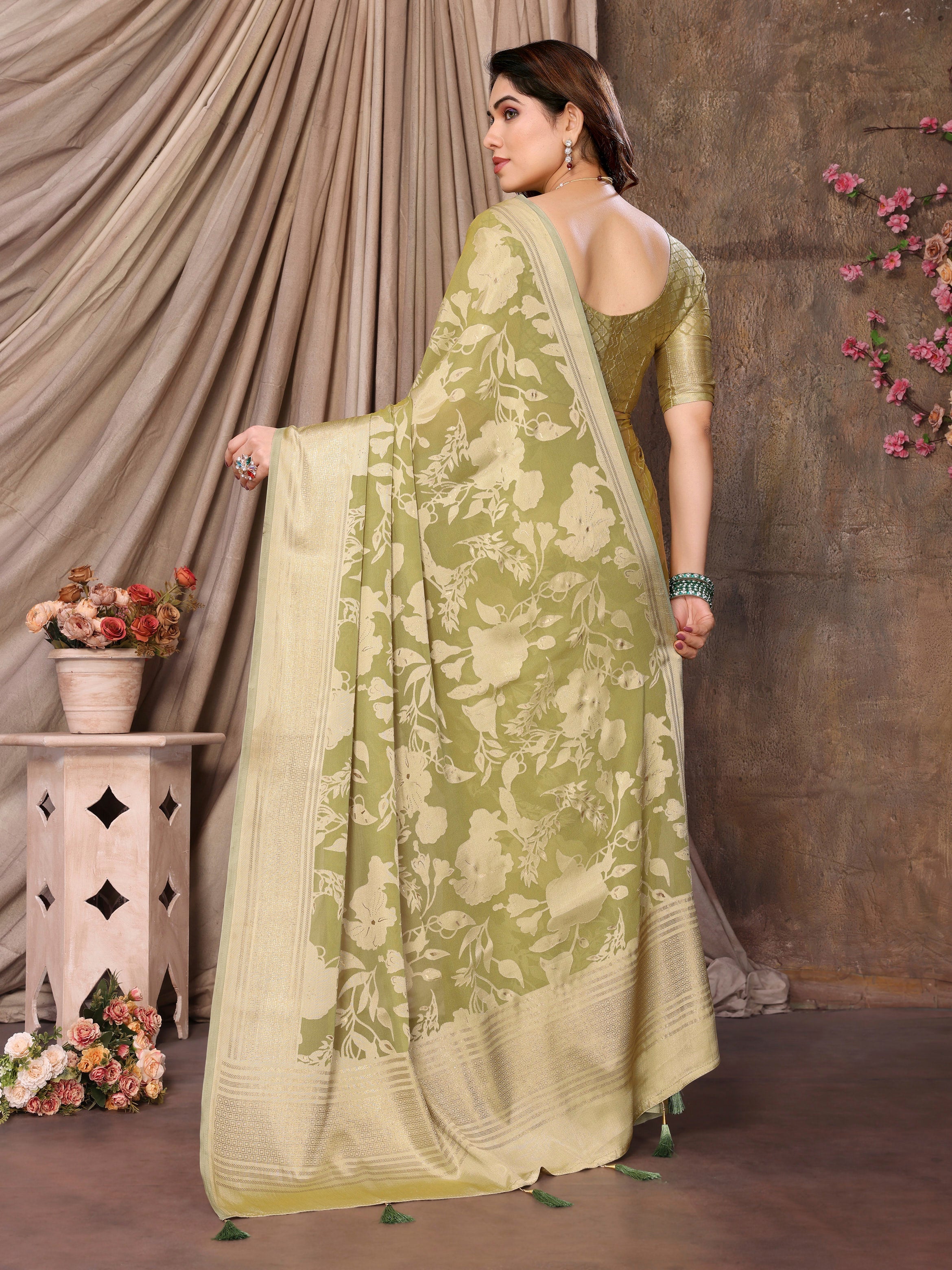 Pale Brown Moss Brasso Floral Print Saree