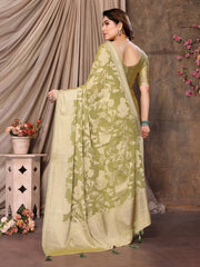 Pale Brown Moss Brasso Floral Print Saree