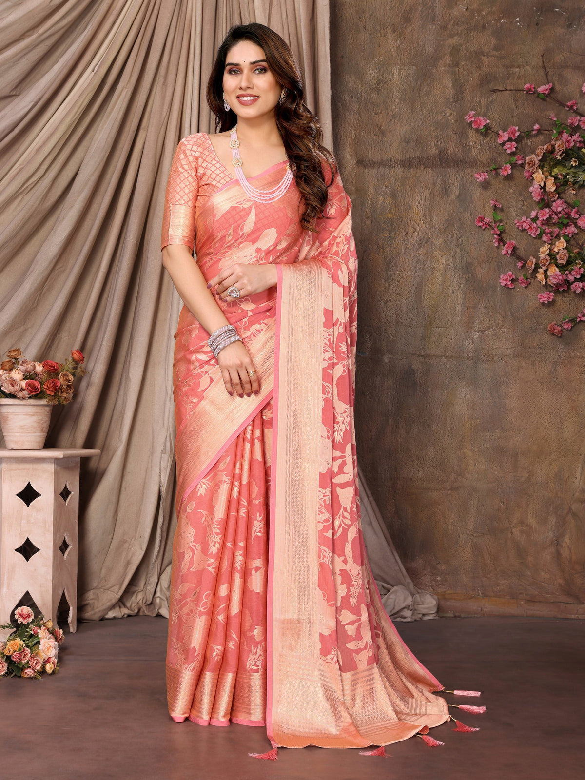 Coral Pink Moss Brasso Floral Print Saree