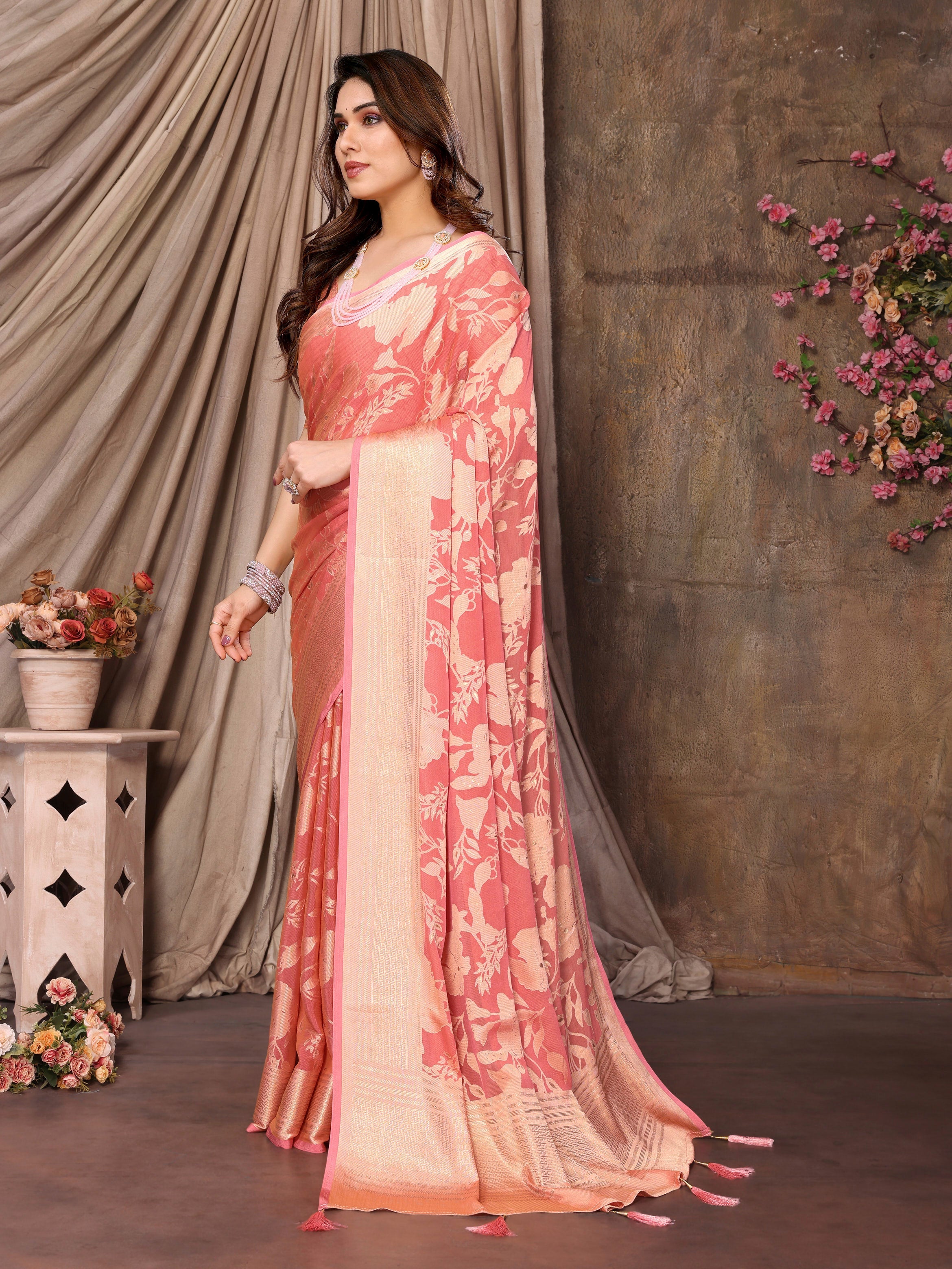 Coral Pink Moss Brasso Floral Print Saree