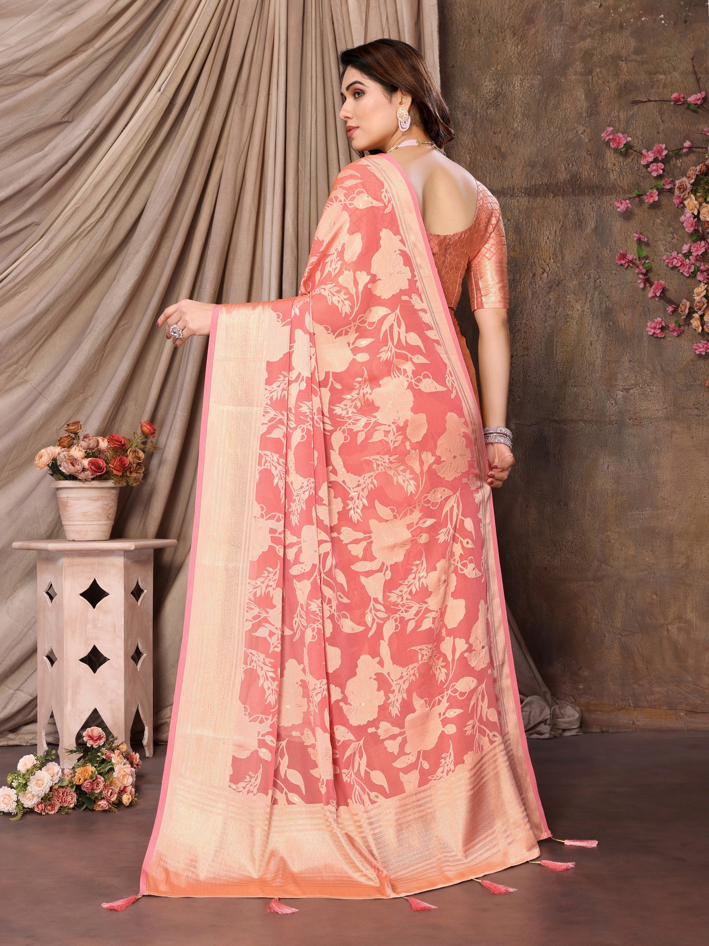 Coral Pink Moss Brasso Floral Print Saree