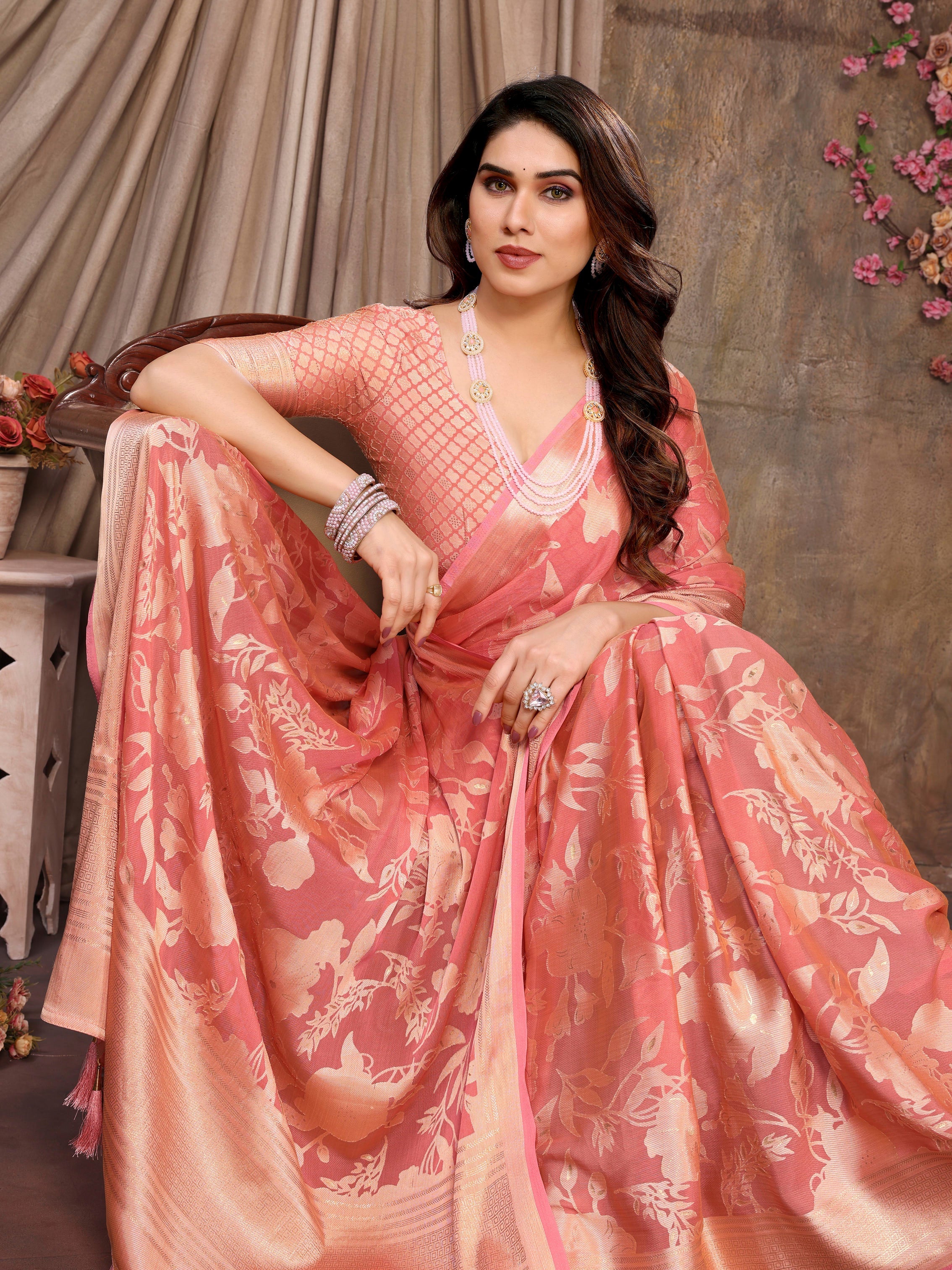 Coral Pink Moss Brasso Floral Print Saree