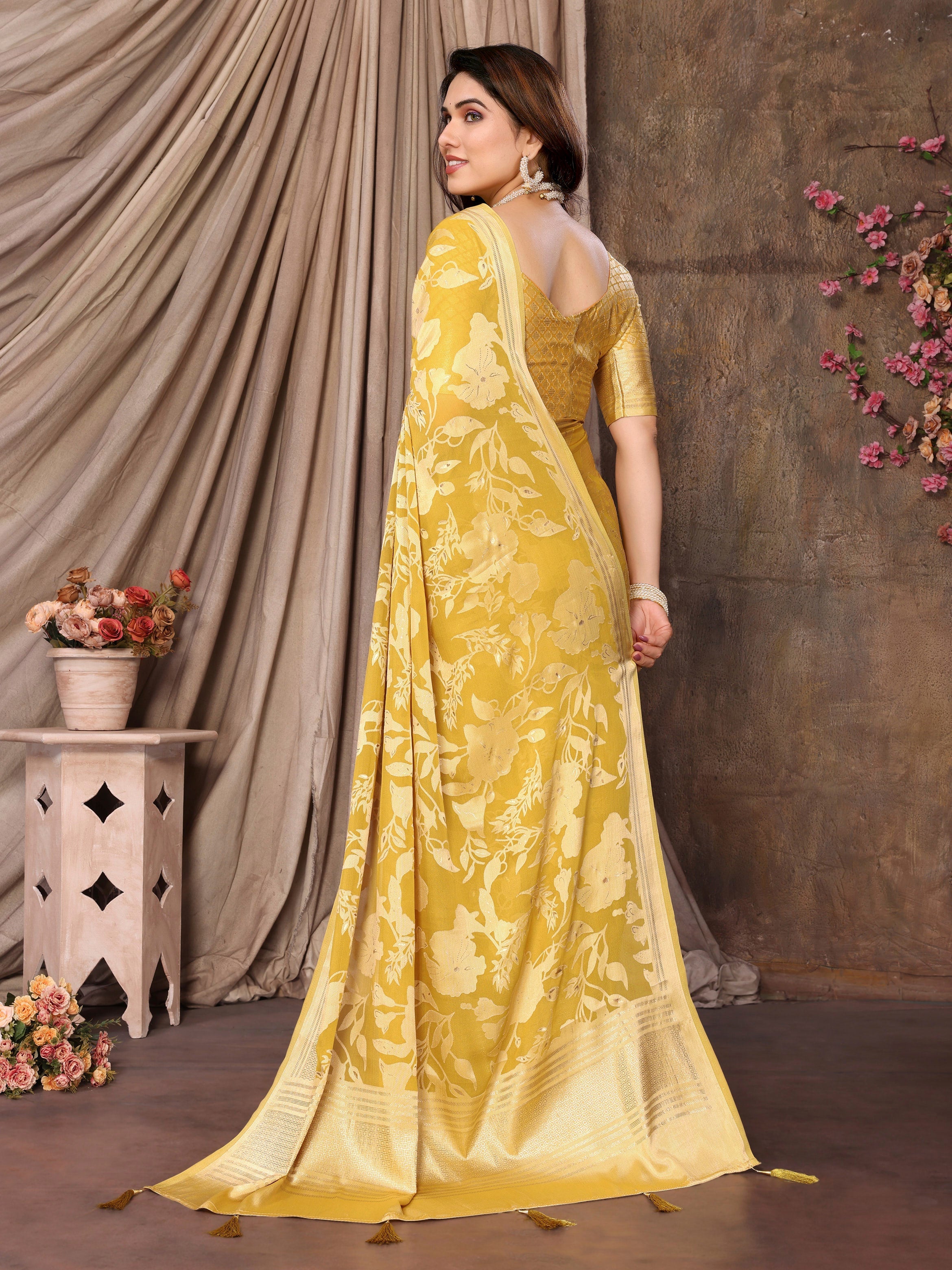 Light Mustard Moss Brasso Floral Print Saree