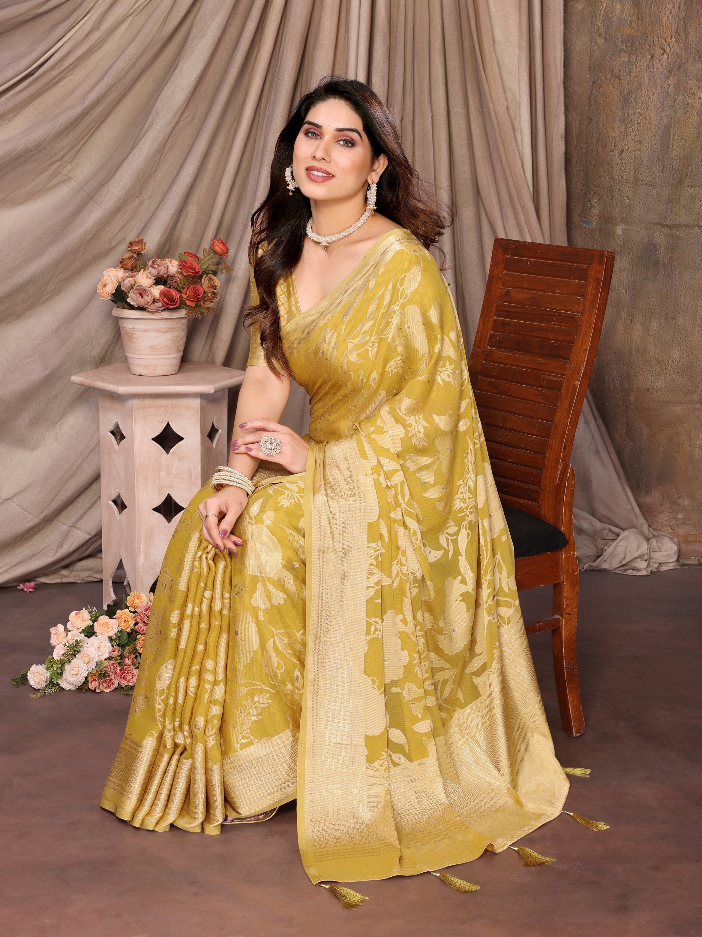 Light Mustard Moss Brasso Floral Print Saree