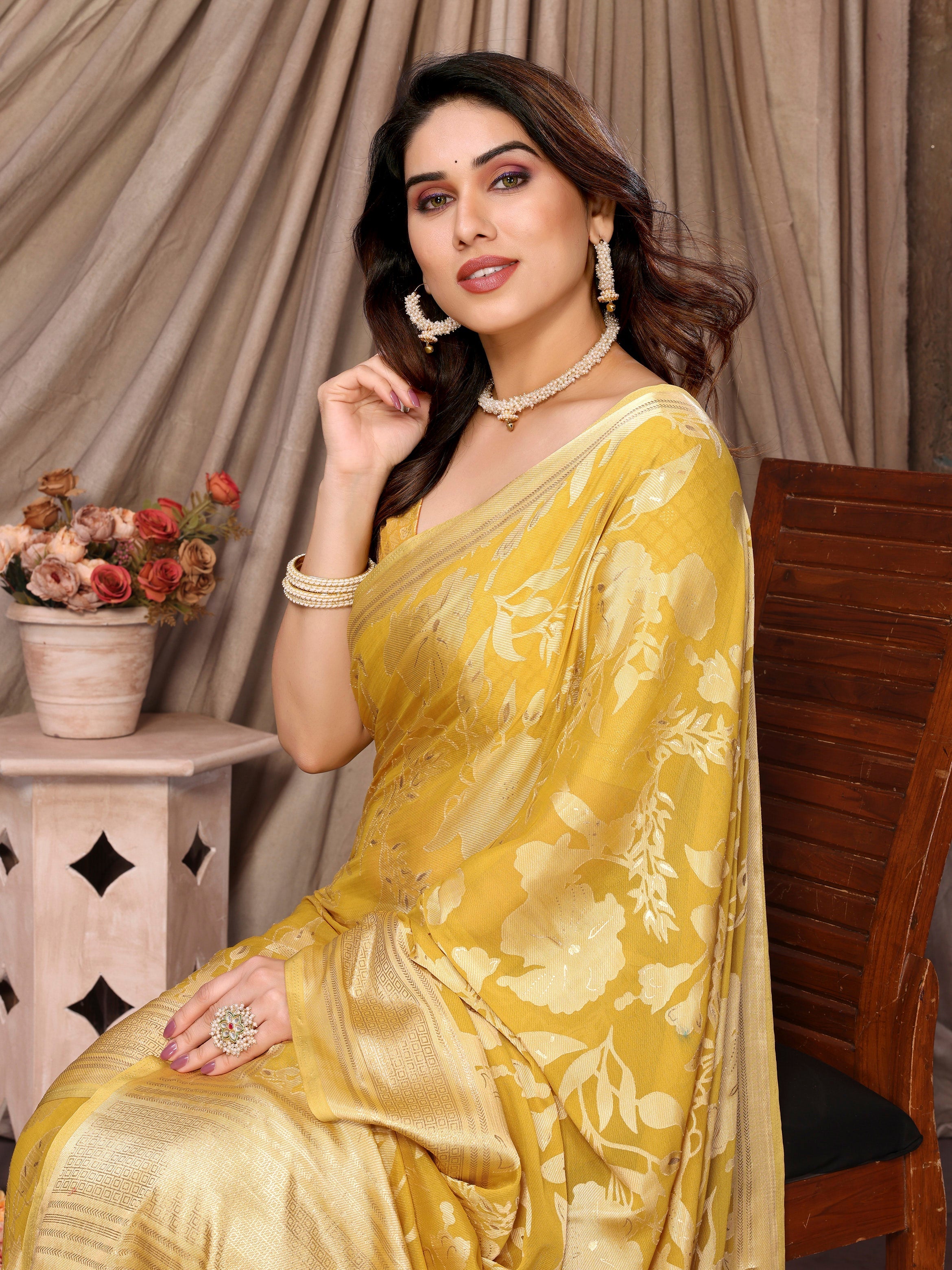 Light Mustard Moss Brasso Floral Print Saree