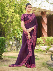 Plum Purple Silk Blend Embroidery Saree