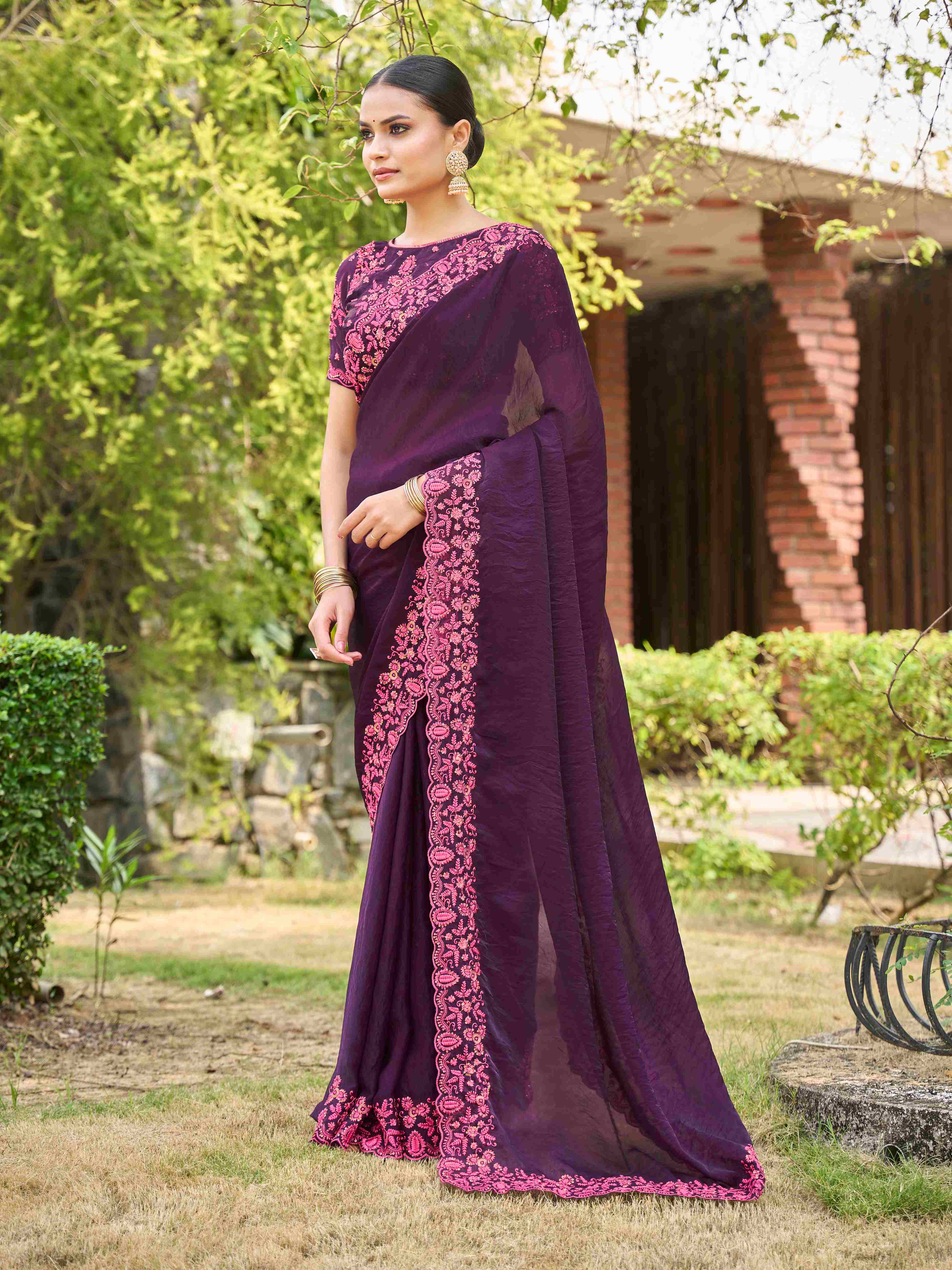 Plum Purple Silk Blend Embroidery Saree