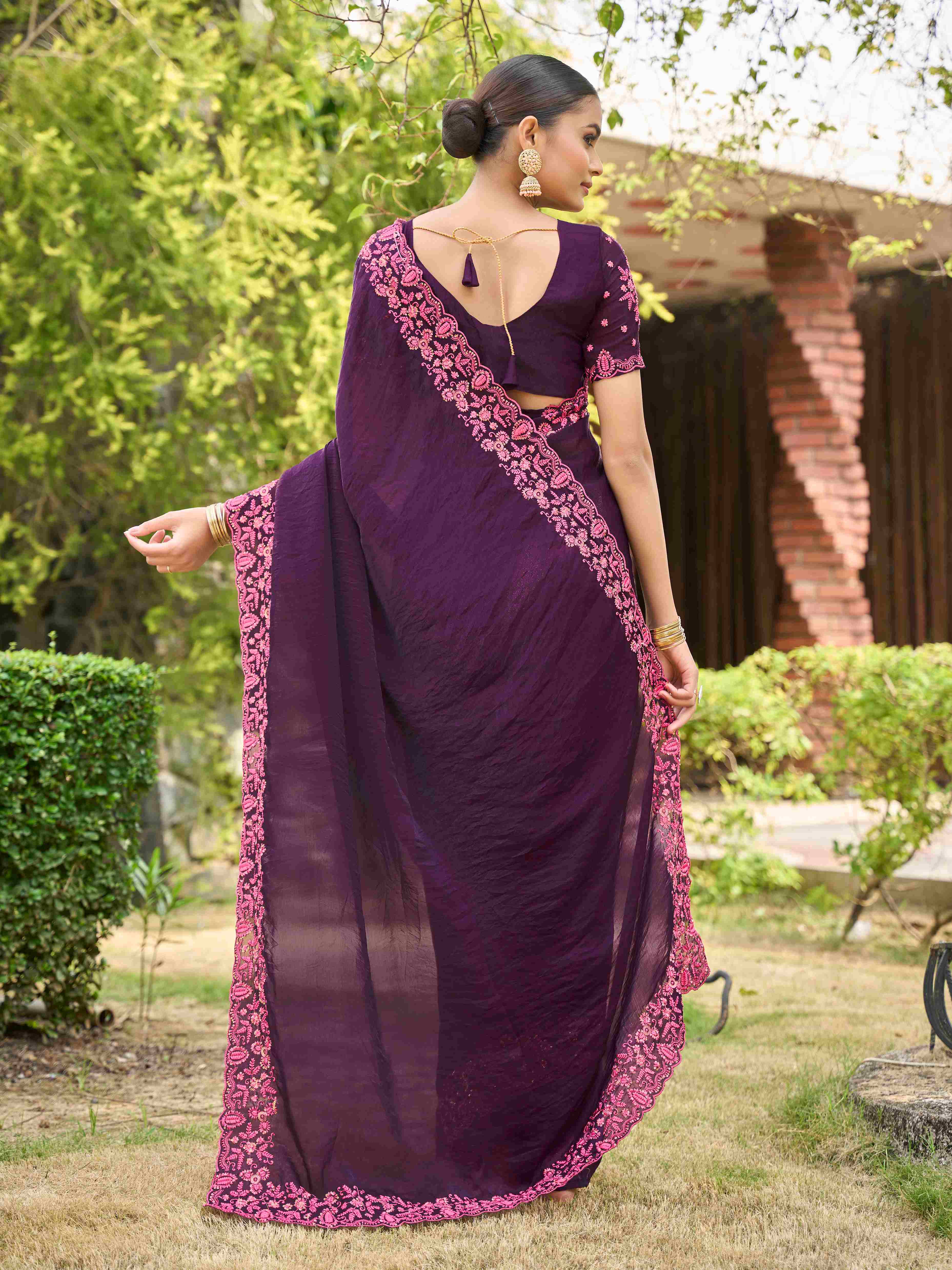 Plum Purple Silk Blend Embroidery Saree